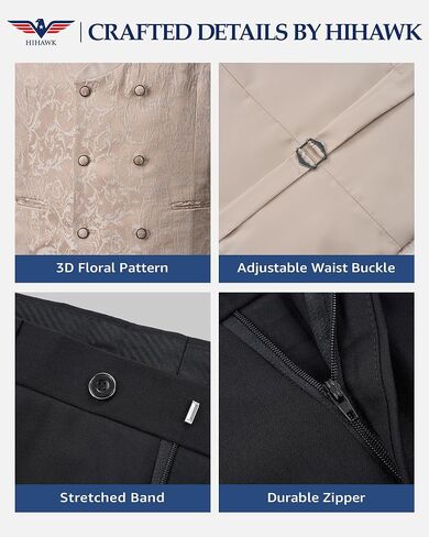 Hihawk Mens 3 Piece Floral Tuxedo, Jacquard Slim Suit Set, Paisley Blazer Vest and Pants with Bow Tie for Prom Wedding in Saudi Arabia
