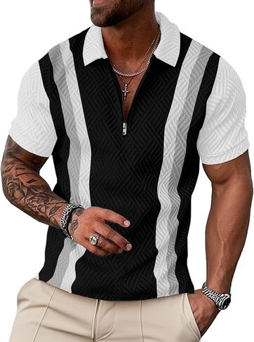 UOUA Men's Zipper Polo Shirts Short Sleeve Sweatshirts Soild Color Tops Striped Texture Casual Golf T in Saudi Arabia