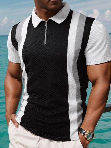 UOUA Men's Zipper Polo Shirts Short Sleeve Sweatshirts Soild Color Tops Striped Texture Casual Golf T in Saudi Arabia