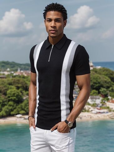 UOUA Men's Zipper Polo Shirts Short Sleeve Sweatshirts Soild Color Tops Striped Texture Casual Golf T in Saudi Arabia