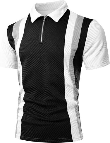 UOUA Men's Zipper Polo Shirts Short Sleeve Sweatshirts Soild Color Tops Striped Texture Casual Golf T in Saudi Arabia