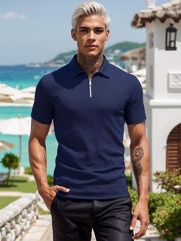 Uoua Men Zipper Polo قمصان قصيرة الأكمام من البلوزات in Saudi Arabia