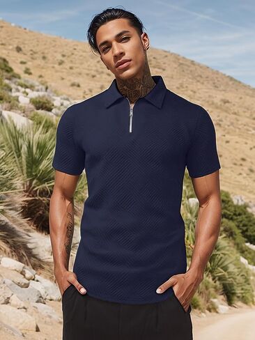 Uoua Men Zipper Polo قمصان قصيرة الأكمام من البلوزات in Saudi Arabia