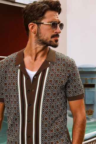 PJ PAUL JONES Mens 70S Shirts Vintage Shirts Button Down Cuban Collar Knitted Polo Shirt in Saudi Arabia