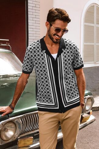 PJ PAUL JONES Mens 70S Shirts Vintage Shirts Button Down Cuban Collar Knitted Polo Shirt in Saudi Arabia