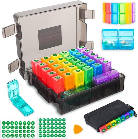 Monthly Pill Organizer 3 Times a Day - Portable Pill Box with Weekly Travel Bag - Large Capacity 30 Day Pill Case with Pill Cutter & Labels for Easy Medication Management (Mattle Black) in Saudi Arabia