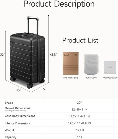 LUGGEX Carry On Luggage with Spinner Wheels - 20 inch Hardshell Suitcases - Accelerate Access with DiHook, Handy Pouch, TSA lock, Black in Saudi Arabia