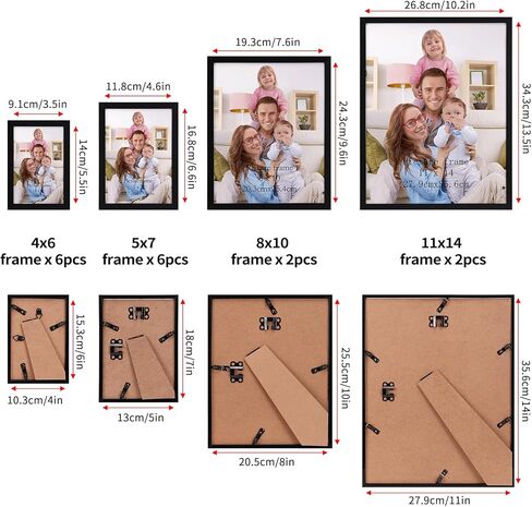 Giftgarden 16 Pack Black Picture Frames for Multi Sizes Photos, Assorted Set Including Two 11x14, Two 8x10, Six 5x7, Six 4x6, Gallery Collage Frame for Wall or Tabletop Display in Kuwait