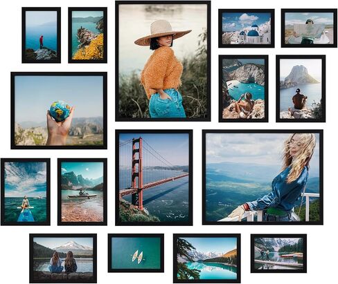 GiftGarden 16 Pack Black Picture Frames for Multi Sister Photos ، مجموعة متنوعة بما في ذلك اثنين من 11x14 ، واثنتان 8x10 ، ستة 5x7 ، ستة 4x6 ، إطار معرض لجدار أو عرض الطاولة in Kuwait