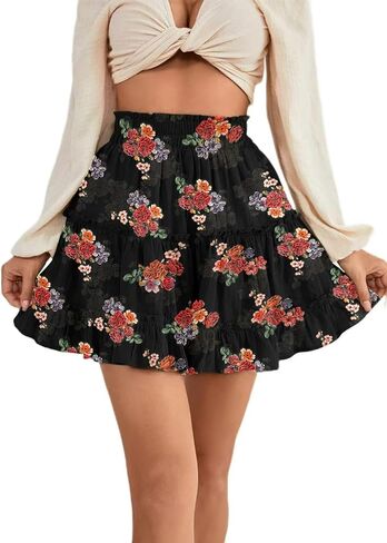 Women's Elastic Waist Pleated Layer Ruffle Hem Flowy A Line Short Skirt in Kuwait
