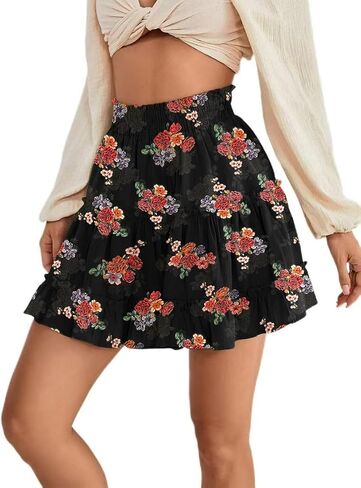 Women's Elastic Waist Pleated Layer Ruffle Hem Flowy A Line Short Skirt in Kuwait