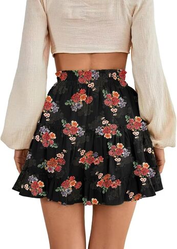 Women's Elastic Waist Pleated Layer Ruffle Hem Flowy A Line Short Skirt in Kuwait