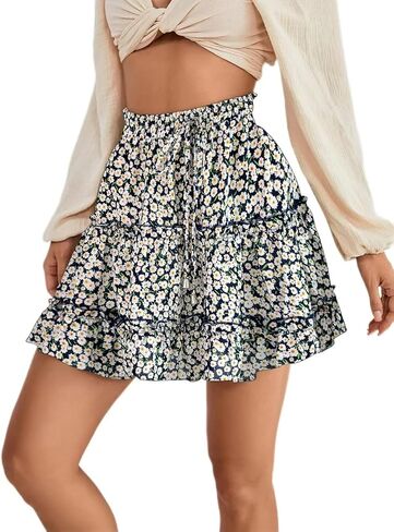 Women's Elastic Waist Pleated Layer Ruffle Hem Flowy A Line Short Skirt in Kuwait