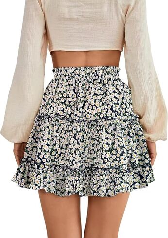 Women's Elastic Waist Pleated Layer Ruffle Hem Flowy A Line Short Skirt in Kuwait