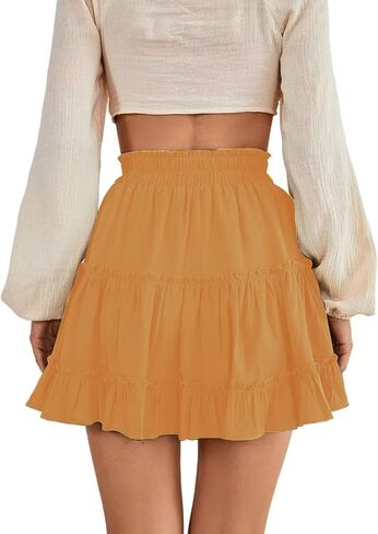 Women's Elastic Waist Pleated Layer Ruffle Hem Flowy A Line Short Skirt in Kuwait