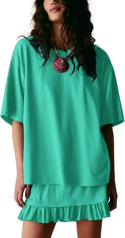 Esmeling Women Summer 2 Piece Skirt Sets Round Neck Short Sleeve Outfits Casual Tops and Pleated Skirts Sets in Kuwait
