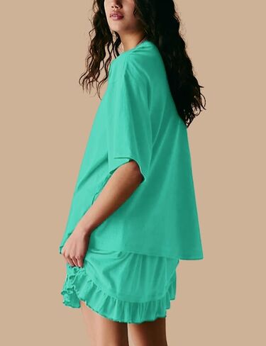 Esmeling Women Summer 2 Piece Skirt Sets Round Neck Short Sleeve Outfits Casual Tops and Pleated Skirts Sets in Kuwait