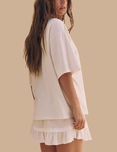 Esmeling Women Summer 2 Piece Skirt Sets Round Neck Short Sleeve Outfits Casual Tops and Pleated Skirts Sets in Kuwait