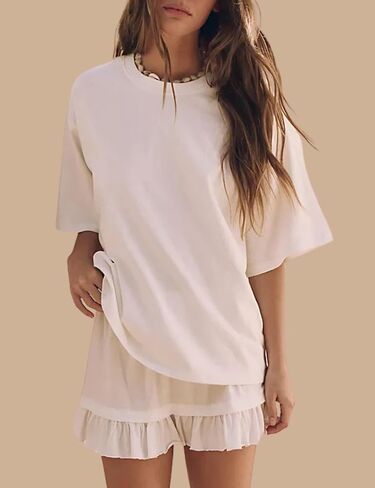 Esmeling Women Summer 2 Piece Skirt Sets Round Neck Short Sleeve Outfits Casual Tops and Pleated Skirts Sets in Kuwait