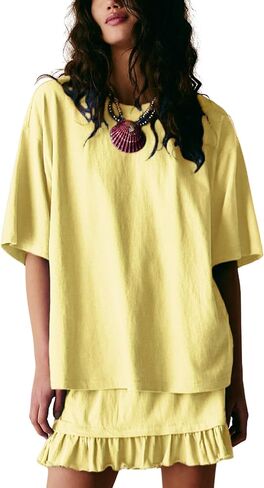 Esmeling Women Summer 2 Piece Skirt Sets Round Neck Short Sleeve Outfits Casual Tops and Pleated Skirts Sets in Kuwait
