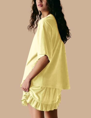Esmeling Women Summer 2 Piece Skirt Sets Round Neck Short Sleeve Outfits Casual Tops and Pleated Skirts Sets in Kuwait
