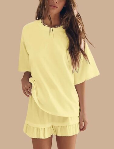 Esmeling Women Summer 2 Piece Skirt Sets Round Neck Short Sleeve Outfits Casual Tops and Pleated Skirts Sets in Kuwait