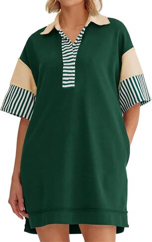 Wenrine Women's Polo V Neck T Shirt Dress Casual Summer Oversized Color Block Short Sleeve Sweatshirt Mini Dresses in Saudi Arabia