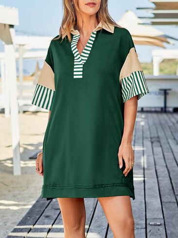 Wenrine Women's Polo V Neck T Shirt Dress Casual Summer Oversized Color Block Short Sleeve Sweatshirt Mini Dresses in Saudi Arabia