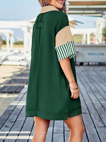 Wenrine Women's Polo V Neck T Shirt Dress Casual Summer Oversized Color Block Short Sleeve Sweatshirt Mini Dresses in Saudi Arabia