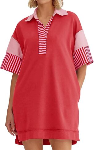 Wenrine Women's Polo V Neck T Shirt Dress Casual Summer Oversized Color Block Short Sleeve Sweatshirt Mini Dresses in Saudi Arabia