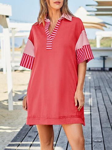 Wenrine Women's Polo V Neck T Shirt Dress Casual Summer Oversized Color Block Short Sleeve Sweatshirt Mini Dresses in Saudi Arabia