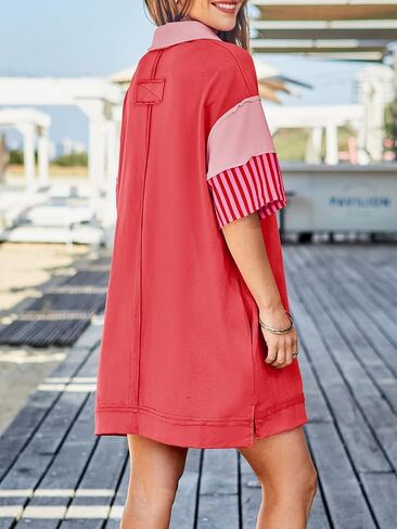 Wenrine Women's Polo V Neck T Shirt Dress Casual Summer Oversized Color Block Short Sleeve Sweatshirt Mini Dresses in Saudi Arabia