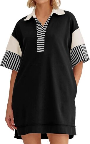 Wenrine Women's Polo v Neck Tirt Dress Dress Discal Summer Eversize Block Block Short Sweeve Sweatshirt Mini Dresses in Kuwait