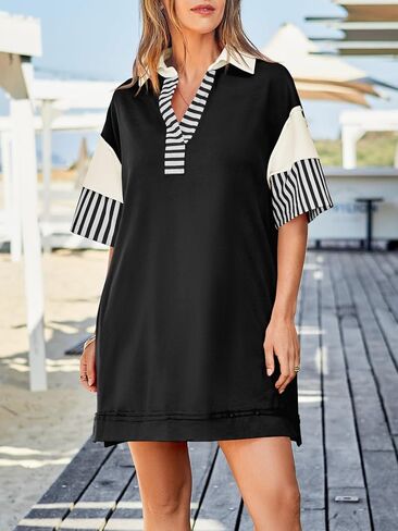 Wenrine Women's Polo v Neck Tirt Dress Dress Discal Summer Eversize Block Block Short Sweeve Sweatshirt Mini Dresses in Kuwait