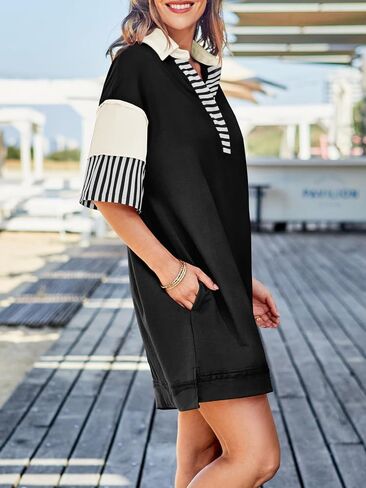 Wenrine Women's Polo v Neck Tirt Dress Dress Discal Summer Eversize Block Block Short Sweeve Sweatshirt Mini Dresses in Kuwait