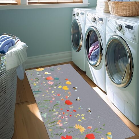 Laundry Room Rug Runner 17"X51" Kitchen Mat Washable Entryway Rugs Soft Non Slip Laundry Carpets Comfort Standing Desk Mats with Rubber Backing Flower Kitchen Runner Rug in Saudi Arabia
