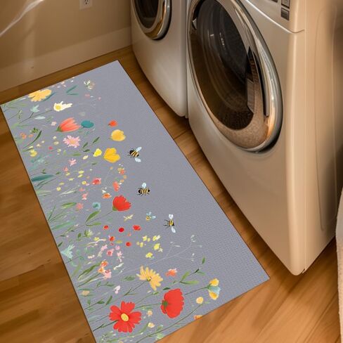 Laundry Room Rug Runner 17"X51" Kitchen Mat Washable Entryway Rugs Soft Non Slip Laundry Carpets Comfort Standing Desk Mats with Rubber Backing Flower Kitchen Runner Rug in Saudi Arabia