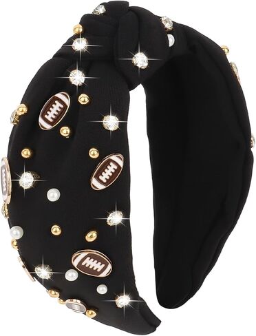 YARIEW Football Headband for Women Pearl Rhinestone Jeweled Knotted Headband Fashion Headband Wide Game Day Sports Hair Accessories Gift for Football Mom Fans Christmas (Red) in Saudi Arabia