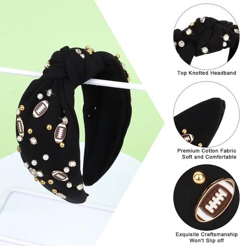 YARIEW Football Headband for Women Pearl Rhinestone Jeweled Knotted Headband Fashion Headband Wide Game Day Sports Hair Accessories Gift for Football Mom Fans Christmas (Red) in Saudi Arabia