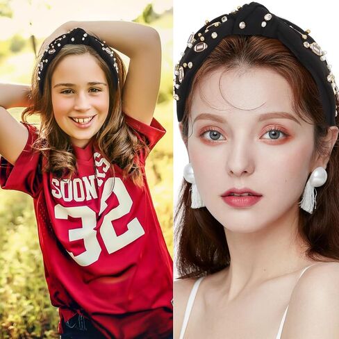 YARIEW Football Headband for Women Pearl Rhinestone Jeweled Knotted Headband Fashion Headband Wide Game Day Sports Hair Accessories Gift for Football Mom Fans Christmas (Red) in Saudi Arabia