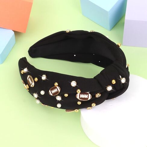 YARIEW Football Headband for Women Pearl Rhinestone Jeweled Knotted Headband Fashion Headband Wide Game Day Sports Hair Accessories Gift for Football Mom Fans Christmas (Red) in Saudi Arabia