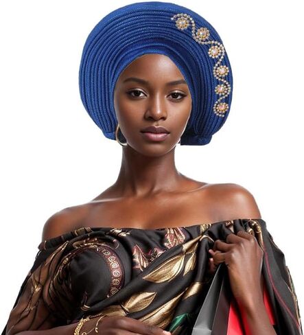 الأنيقة الإفريقية African Gele Gele Women's Tortban Cap Nigeria Wedding Aso Oke Gele جاهزة لارتداء Sego Headtie مع أغطية رأس Diamonds Party (مقاس واحد ، أزرق ملكي) in Kuwait