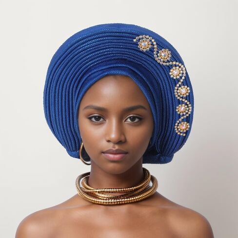 الأنيقة الإفريقية African Gele Gele Women's Tortban Cap Nigeria Wedding Aso Oke Gele جاهزة لارتداء Sego Headtie مع أغطية رأس Diamonds Party (مقاس واحد ، أزرق ملكي) in Kuwait