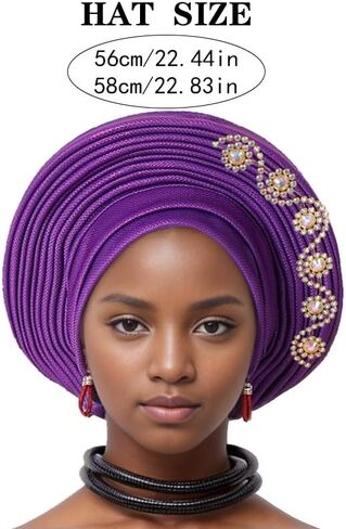 الأنيقة الإفريقية African Gele Gele Women's Tortban Cap Nigeria Wedding Aso Oke Gele جاهزة لارتداء Sego Headtie مع أغطية رأس Diamonds Party (مقاس واحد ، أزرق ملكي) in Kuwait