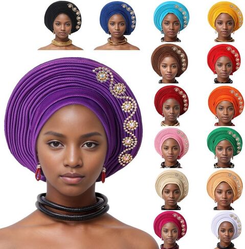 الأنيقة الإفريقية African Gele Gele Women's Tortban Cap Nigeria Wedding Aso Oke Gele جاهزة لارتداء Sego Headtie مع أغطية رأس Diamonds Party (مقاس واحد ، أزرق ملكي) in Kuwait
