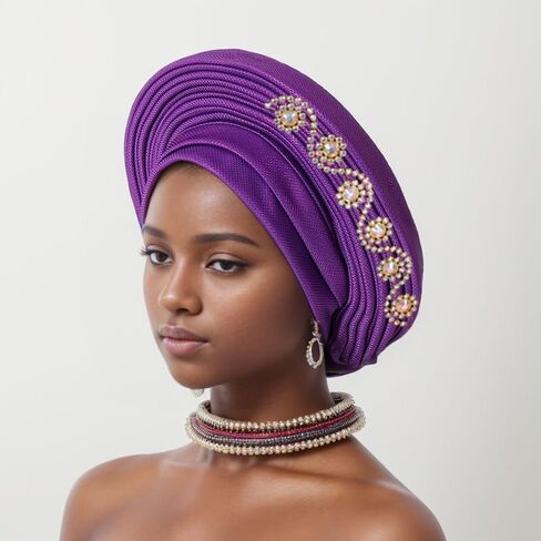 الأنيقة الإفريقية African Gele Gele Women's Tortban Cap Nigeria Wedding Aso Oke Gele جاهزة لارتداء Sego Headtie مع أغطية رأس Diamonds Party (مقاس واحد ، أزرق ملكي) in Kuwait
