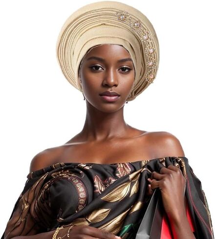 الأنيقة الإفريقية African Gele Gele Women's Tortban Cap Nigeria Wedding Aso Oke Gele جاهزة لارتداء Sego Headtie مع أغطية رأس Diamonds Party (مقاس واحد ، أزرق ملكي) in Kuwait