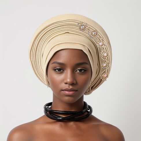 الأنيقة الإفريقية African Gele Gele Women's Tortban Cap Nigeria Wedding Aso Oke Gele جاهزة لارتداء Sego Headtie مع أغطية رأس Diamonds Party (مقاس واحد ، أزرق ملكي) in Kuwait