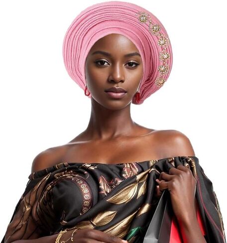 الأنيقة الإفريقية African Gele Gele Women's Tortban Cap Nigeria Wedding Aso Oke Gele جاهزة لارتداء Sego Headtie مع أغطية رأس Diamonds Party (مقاس واحد ، أزرق ملكي) in Kuwait