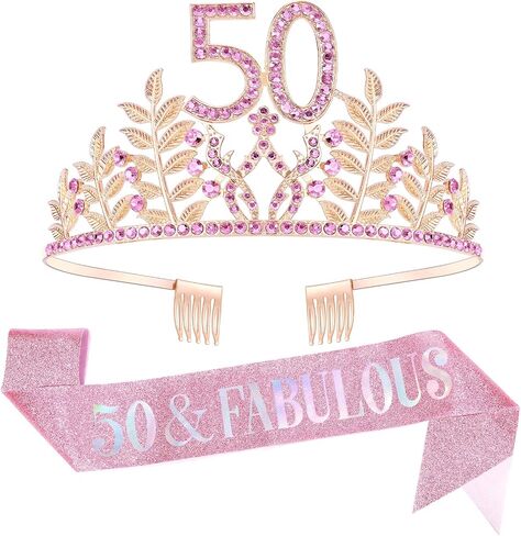Chanaco 50th Birthday Sash and Crown 50 & Fabulous Birthday Sash Set 50th Birthday Party Favor Birthday Party Decoration for Her, rose pink in Kuwait